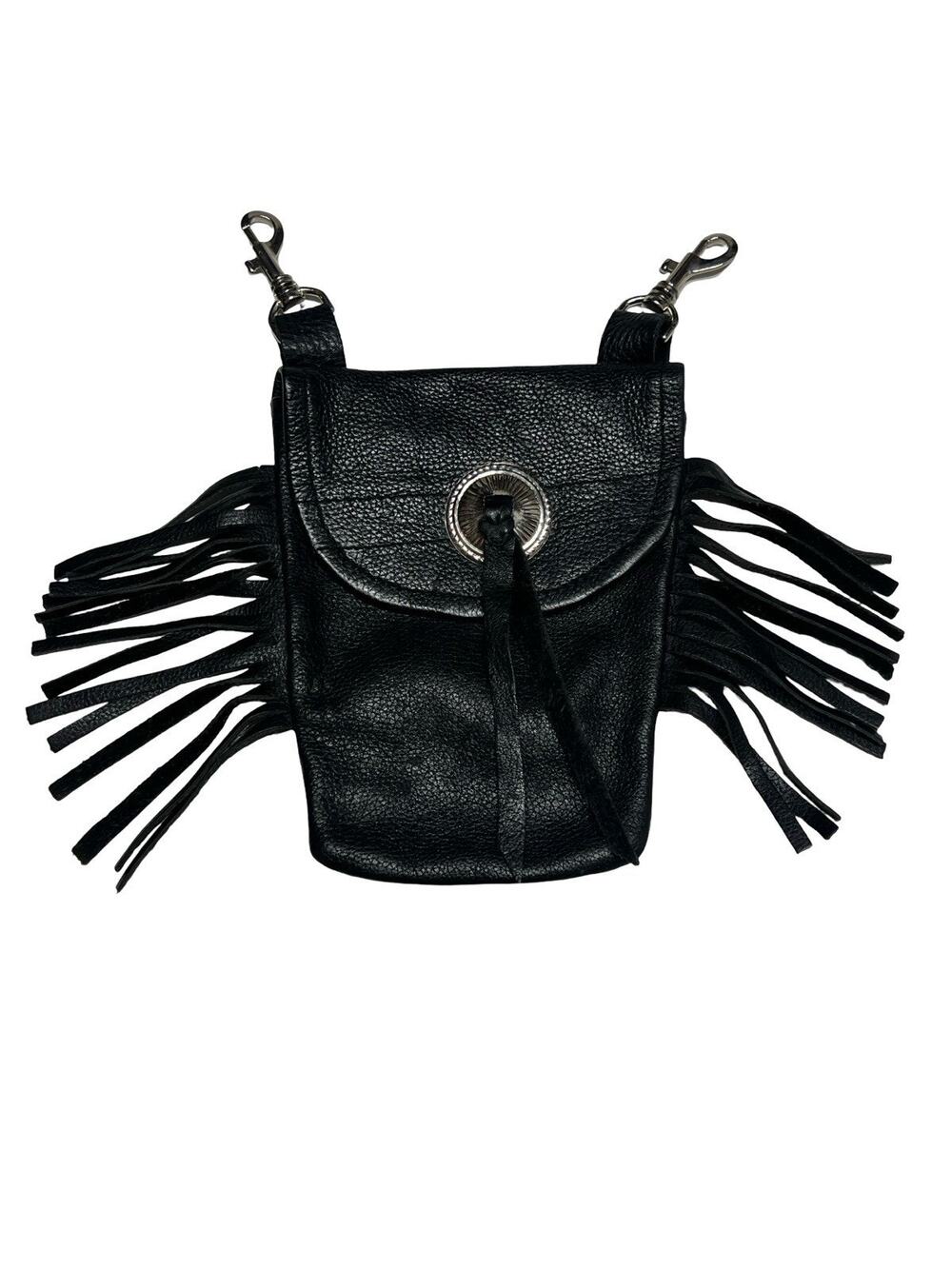 Vintage Black Leather Western Festival Boho Fringe Concho Belt Hip Clip Bag